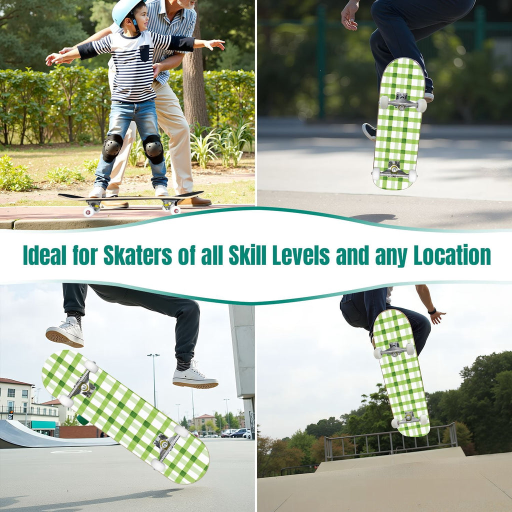 31"x8" Complete Skateboards for Beginners,Green White Plaid Checkered Watercolor Double Kick 7 Ply Canadian Maple Deck Skateboard with Wheels, Gifts for Kids Teens