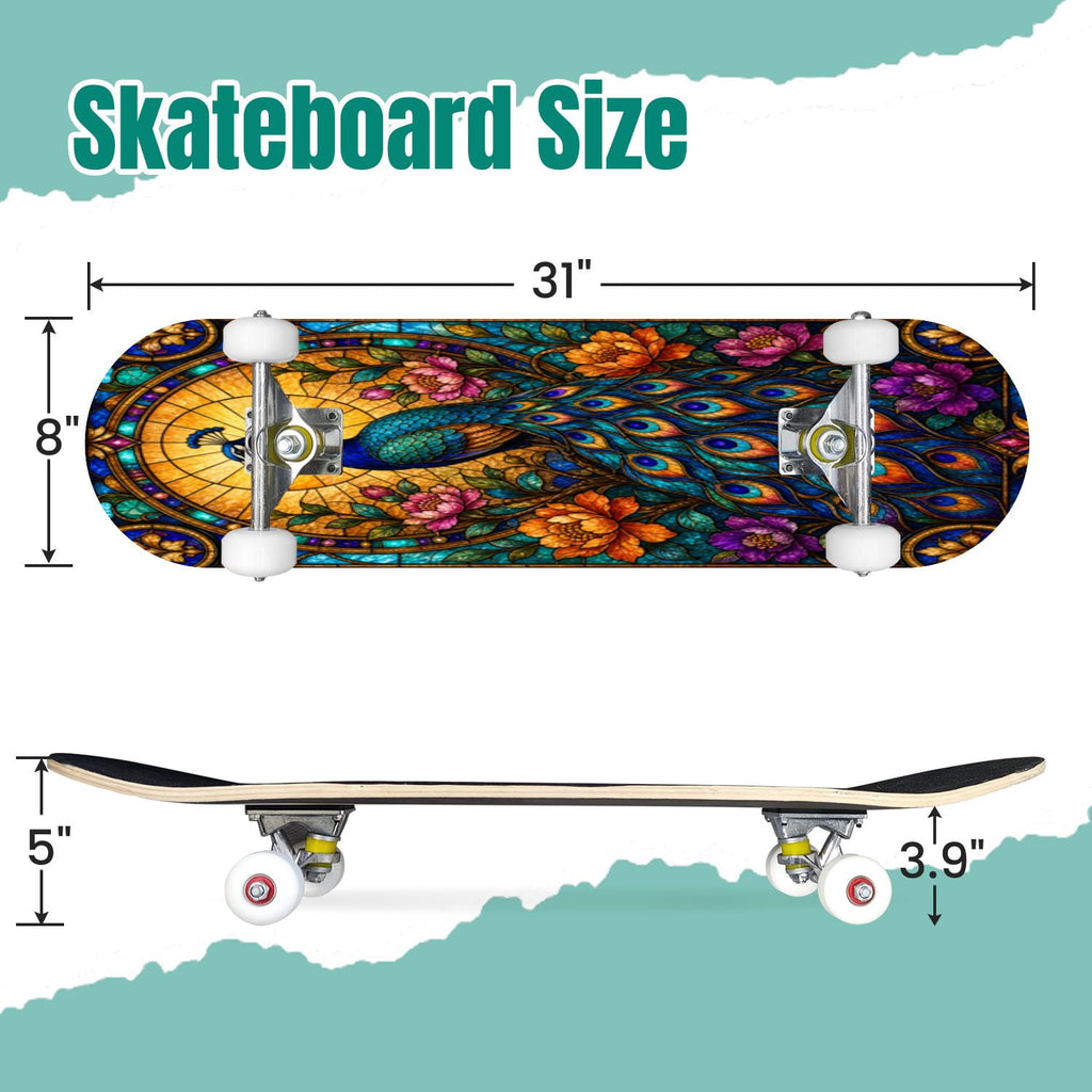 Abstract Geometric Curved Shapes Earthy Tones 31" x 8" Complete Skateboard, 7-Ply Canadian Maple Double Kick Trick Board for Kids and Beginners Adult Gifts