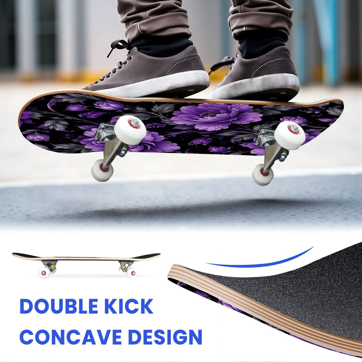 31"x8" Complete Skateboards for Beginners, Purple Celestial Moon Sun Art Floral Stars Double Kick 7 Ply Canadian Maple Deck Skateboard with Wheels, Gifts for Kids Teens