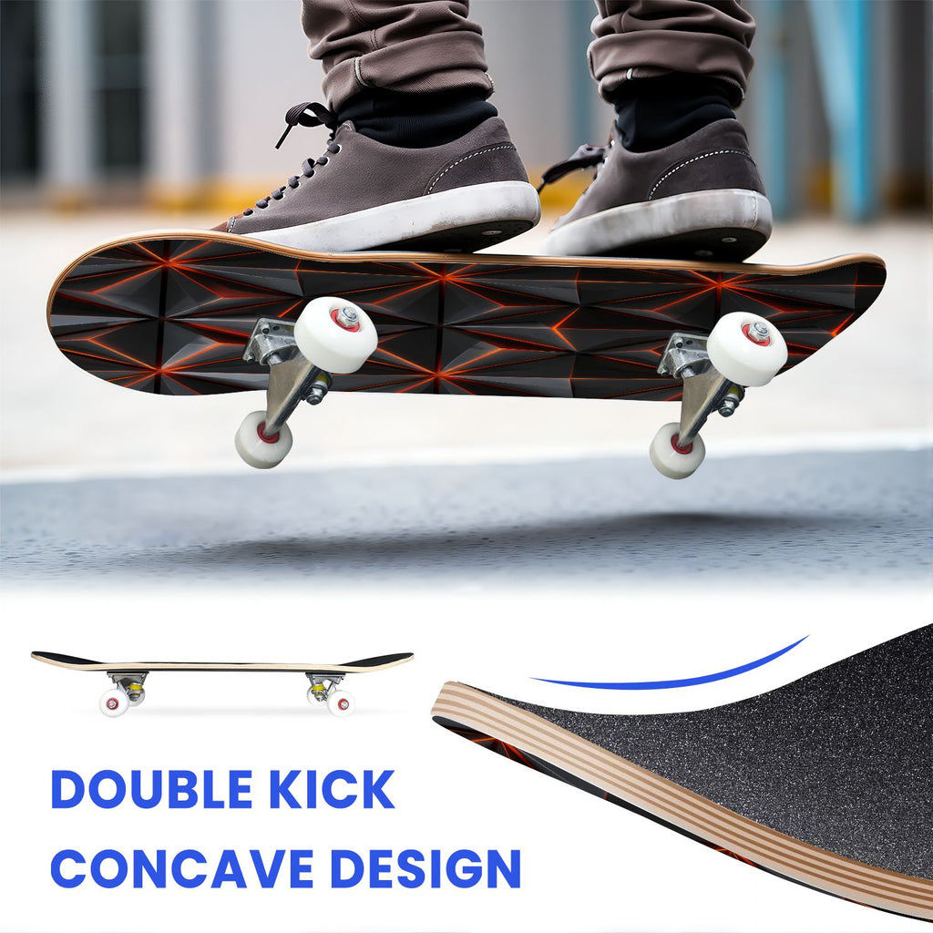 31"x8" Complete Skateboards for Beginners, Abstract Geometric Vibrant Neon Line Accents Dark Futuristic Double Kick 7 Ply Canadian Maple Deck Skateboard with Wheels, Gifts for Boys Teens