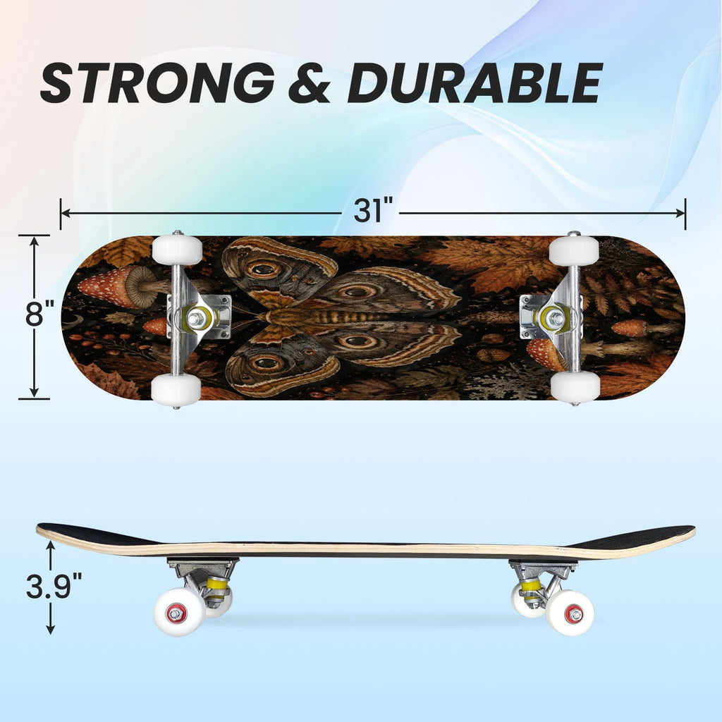 31"x8" Complete Skateboards for Beginners,Vintage Botanical Moth Autumn Leaves Mushrooms Double Kick 7 Ply Canadian Maple Deck Skateboard with Wheels, Gifts for Kids Teens