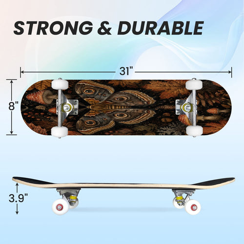 31"x8" Complete Skateboards for Beginners,Vintage Botanical Moth Autumn Leaves Mushrooms Double Kick 7 Ply Canadian Maple Deck Skateboard with Wheels, Gifts for Kids Teens