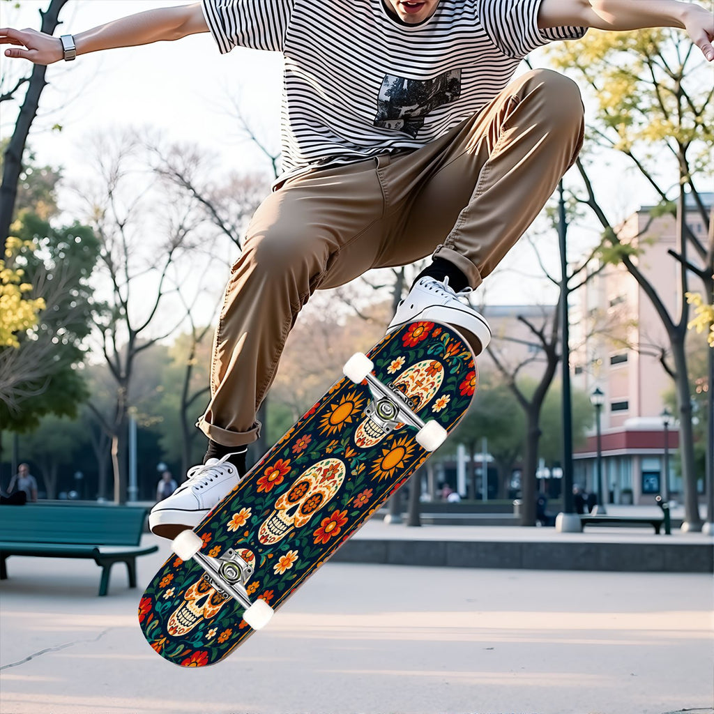 31"x8" Complete Skateboards for Beginners, Colorful Sugar Skull Vibrant Floral Day of the Dead Double Kick 7 Ply Canadian Maple Deck Skateboard with Wheels, Gifts for Kids Teens