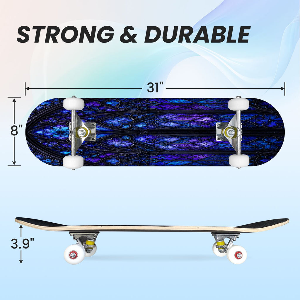 31"x8" Complete Skateboards for Beginners, Purple White Cosmos Flowers Butterflies Watercolor Double Kick 7 Ply Canadian Maple Deck Skateboard with Wheels, Gifts for Kids Teens