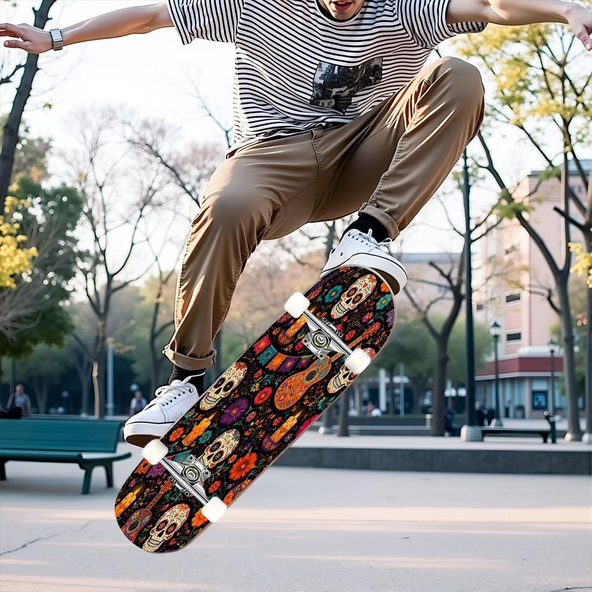 31"x8" Complete Skateboards for Beginners, Colorful Sugar Skulls Floral Patterns Mexican Double Kick 7 Ply Canadian Maple Deck Skateboard with Wheels, Gifts for Kids Teens