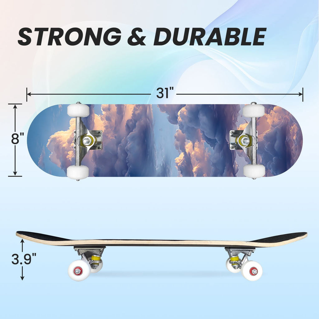 31"x8" Complete Skateboards for Beginners, Cute Light Blue Sky Cartoon Summer Decor Double Kick 7 Ply Canadian Maple Deck Skateboard with Wheels, Gifts for Kids Teens