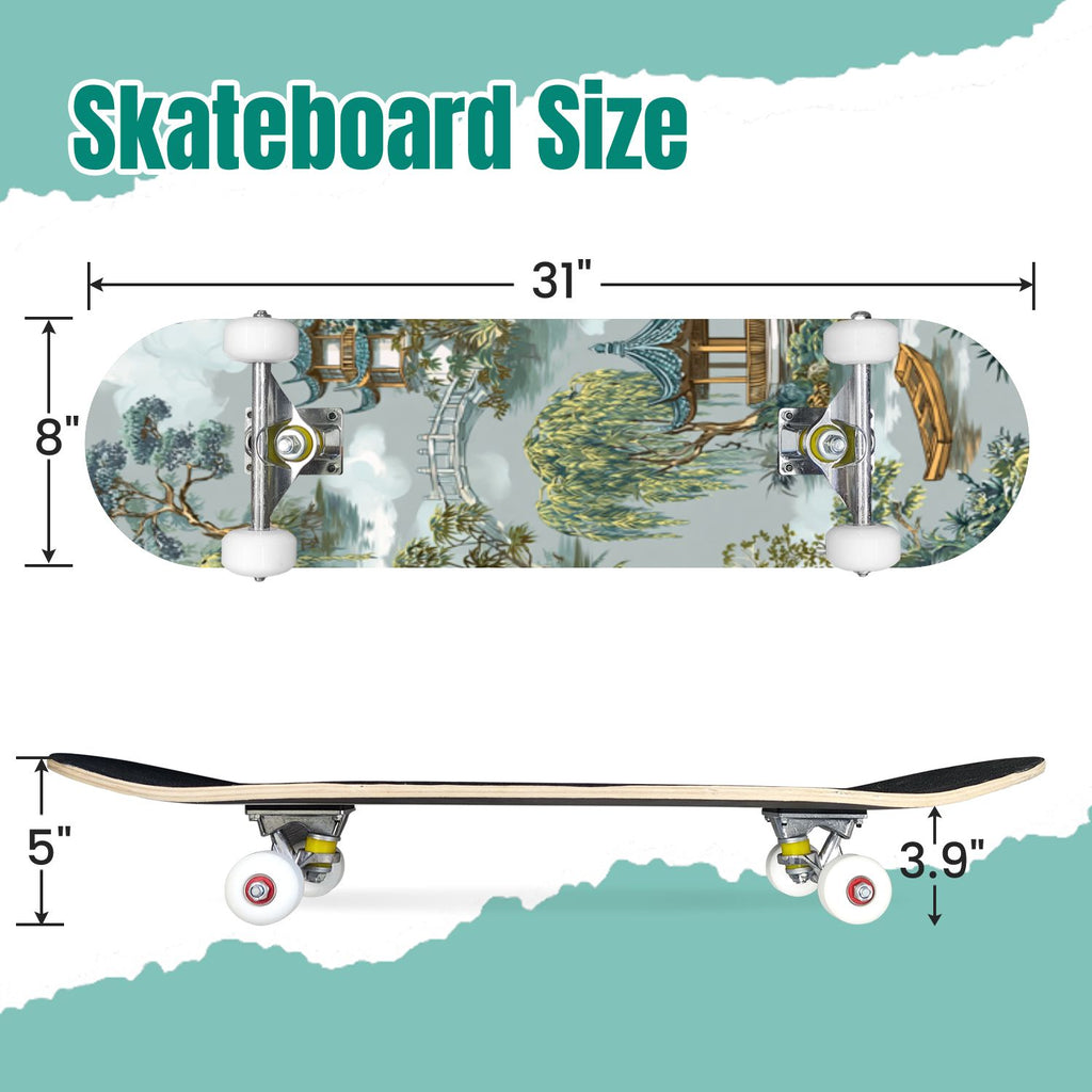 Vintage Damask Light Blue Brown Tones 31" x 8" Complete Skateboard, 7-Ply Canadian Maple Double Kick Trick Board for Kids and Beginners Adult Gifts
