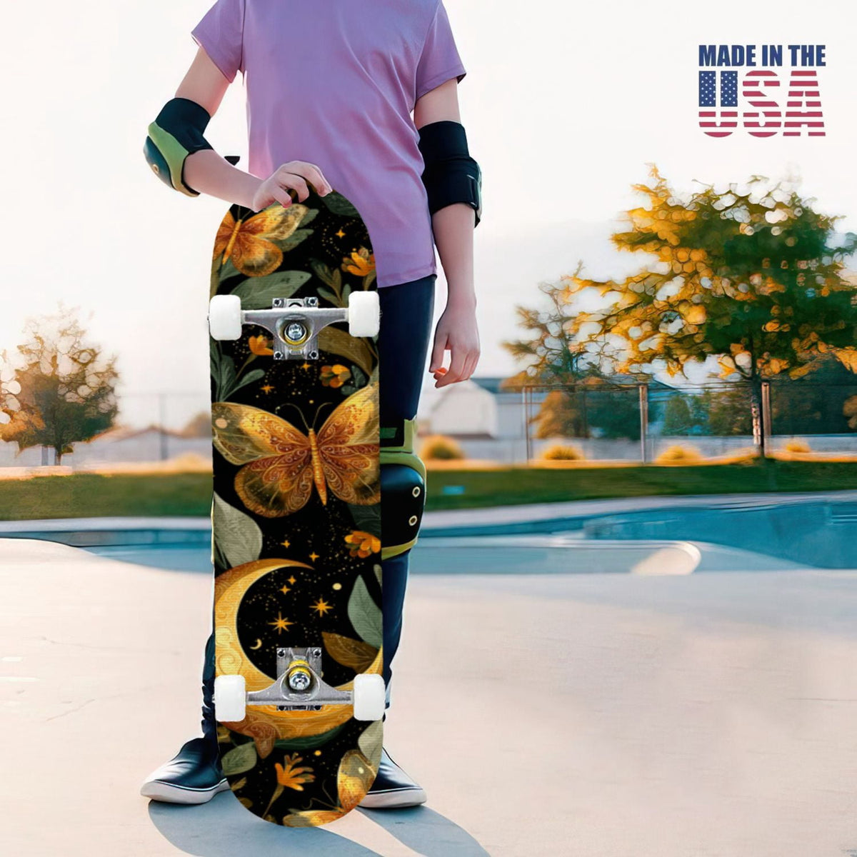 31"x8" Complete Skateboards for Beginners,Whimsical Moths Flowers Pastel Colors Stars Moon Mystical Double Kick 7 Ply Canadian Maple Deck Skateboard with Wheels, Gifts for Kids Teens