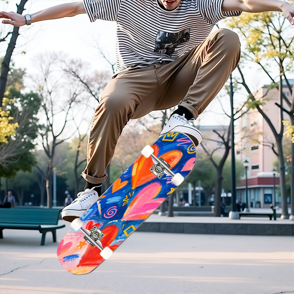 Complete Skateboard Colorful Hearts 31 Inch 7-Ply Maple Skateboard with PU Wheels and Aluminum Trucks, Ready-to-Ride Skateboard for Beginners, Teens and Adults
