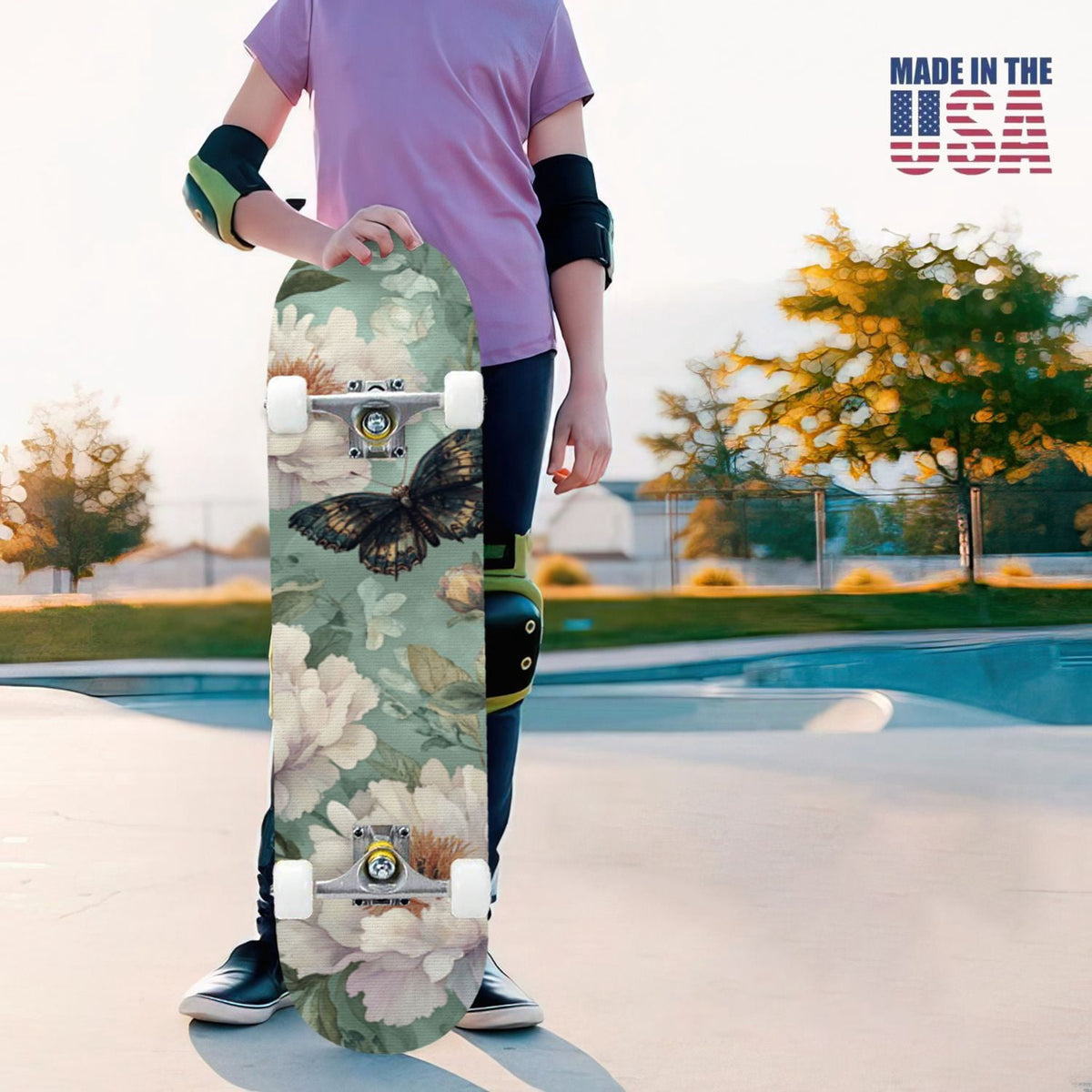 31"x8" Complete Skateboards for Beginners, Whimsical Butterfly Garden Watercolor Art Print Double Kick 7 Ply Canadian Maple Deck Skateboard with Wheels, Gifts for Kids Teens