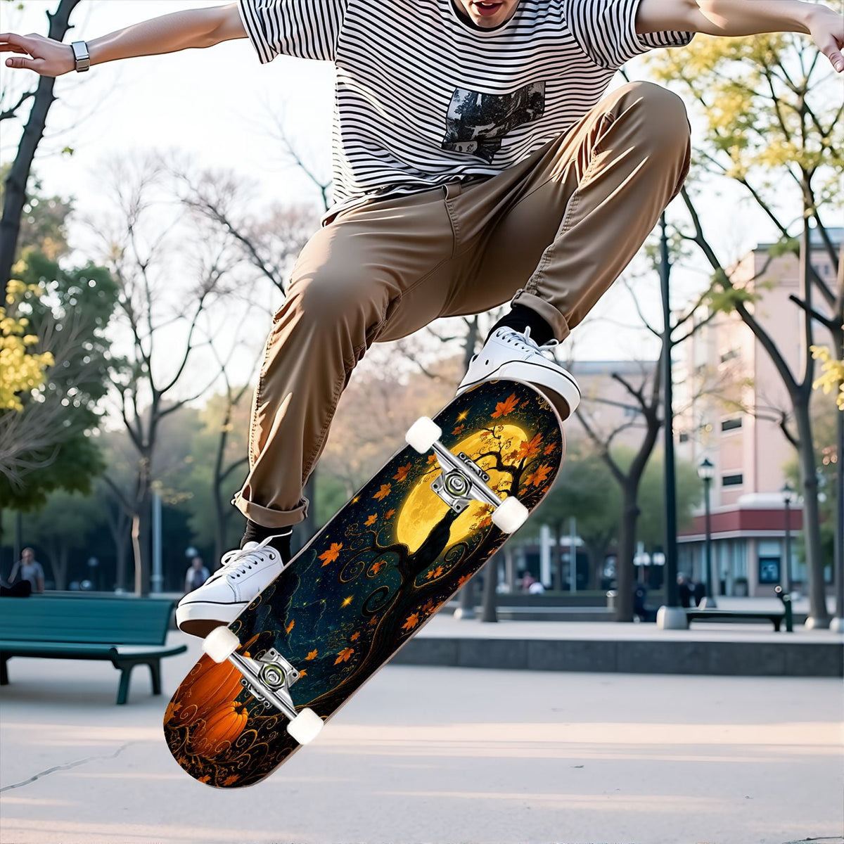 31"x8" Complete Skateboards for Beginners,Halloween Forest Bats Black Cat Glowing Double Kick 7 Ply Canadian Maple Deck Skateboard with Wheels, Gifts for Kids Teens