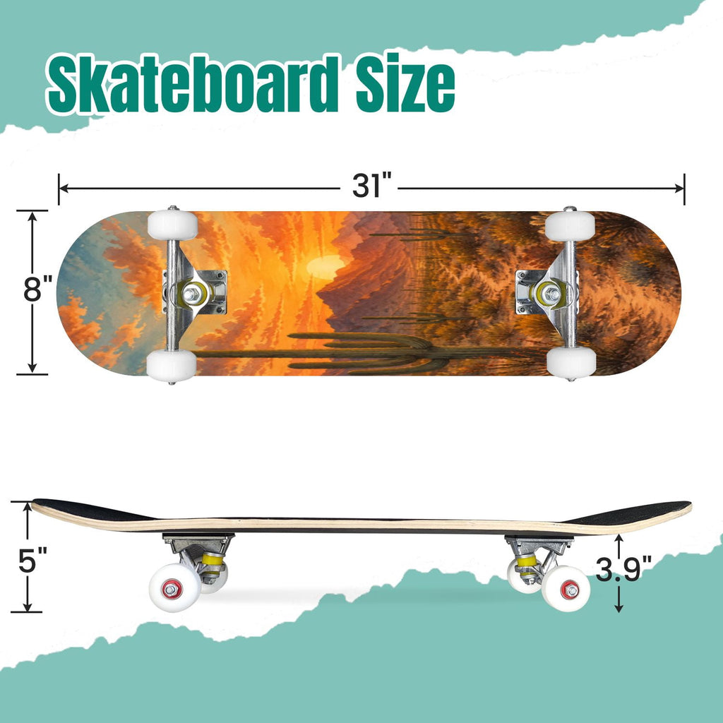 Forest Tree Wood Green Pine Trees Autumn Leaves Fog Misty 31" x 8" Complete Skateboard, 7-Ply Canadian Maple Double Kick Trick Board for Kids and Beginners Adult Gifts