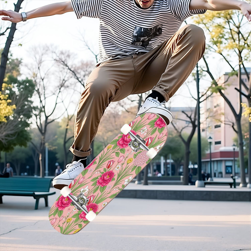 31"x8" Complete Skateboards for Beginners, Seamless Pink Peony Floral Cream Double Kick 7 Ply Canadian Maple Deck Skateboard with Wheels, Gifts for Girls Teens
