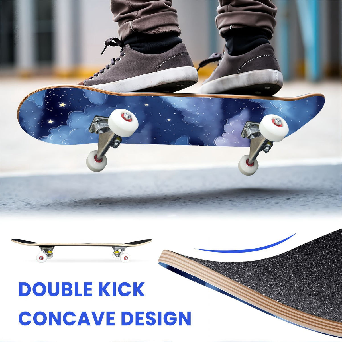 31"x8" Complete Skateboards for Beginners, Pastel Sky Fluffy Clouds Pink Purple Blue Summer Decor Double Kick 7 Ply Canadian Maple Deck Skateboard with Wheels, Gifts for Kids Teens