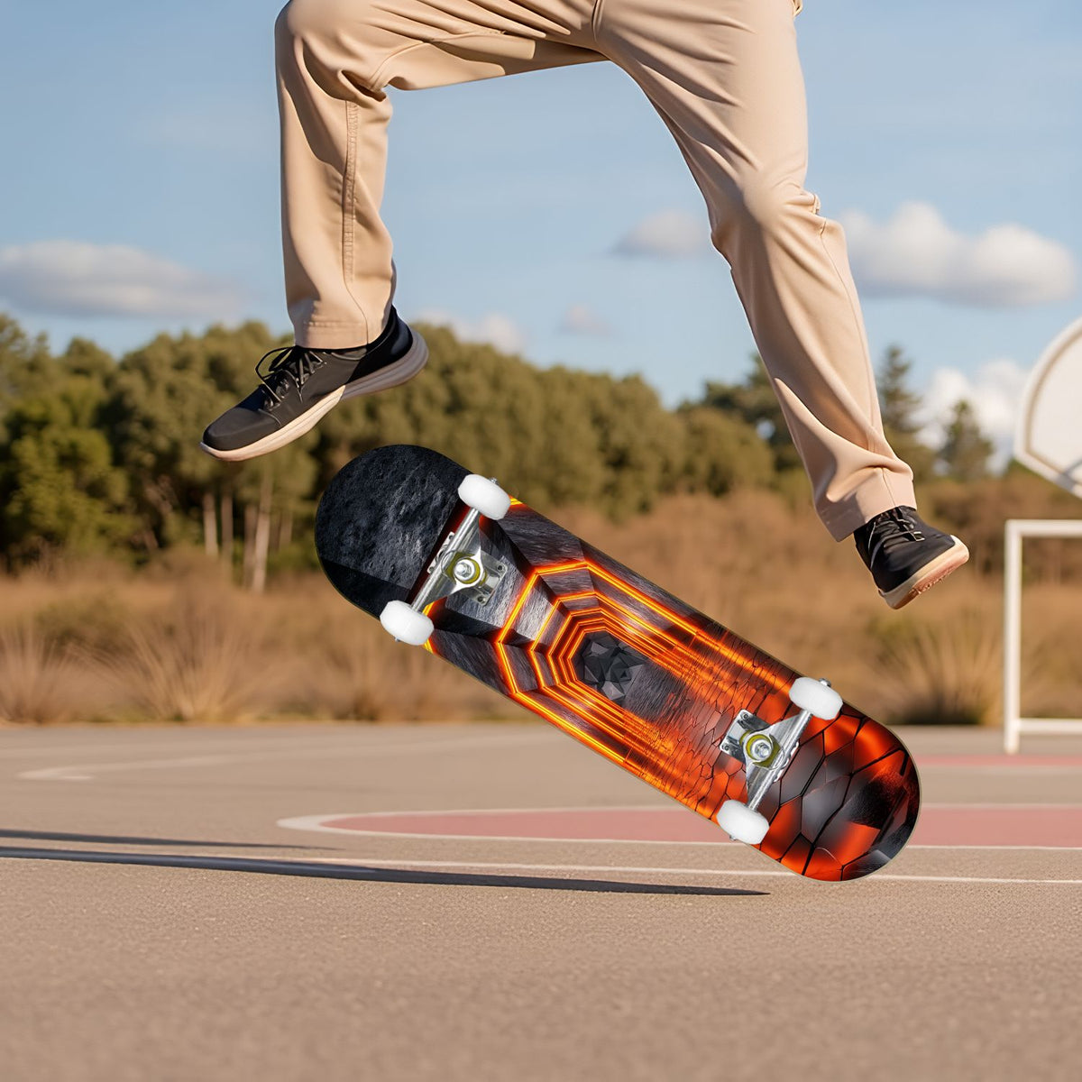 Futuristic Glowing Orange Neon Lines Dark Metallic Panels 31" x 8" Complete Skateboard, 7-Ply Canadian Maple Double Kick Trick Board for Kids and Beginners Adult Gifts