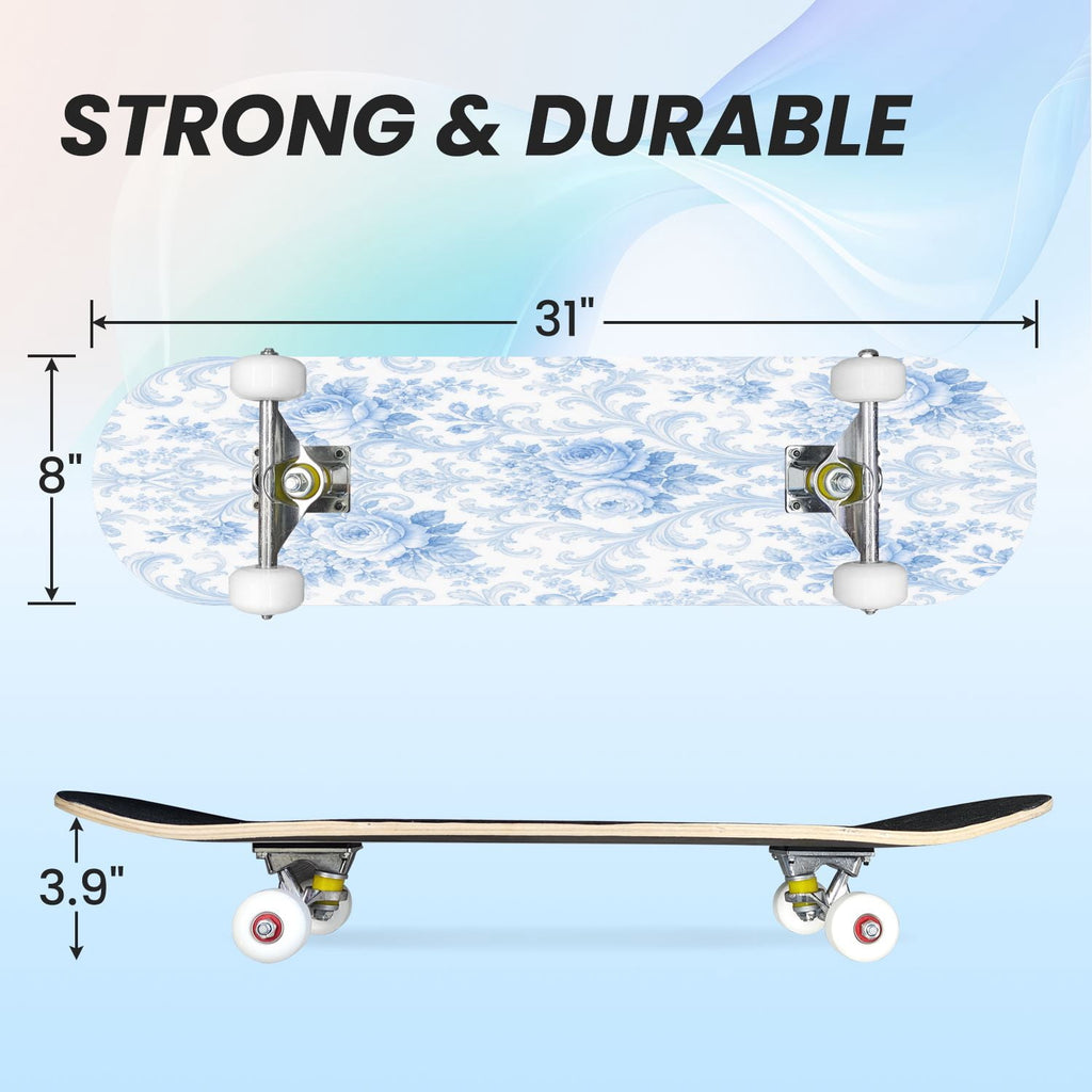 31"x8" Complete Skateboards for Beginners,Blue White Vintage Floral Roses Ornate Swirls Double Kick 7 Ply Canadian Maple Deck Skateboard with Wheels, Gifts for Kids Teens