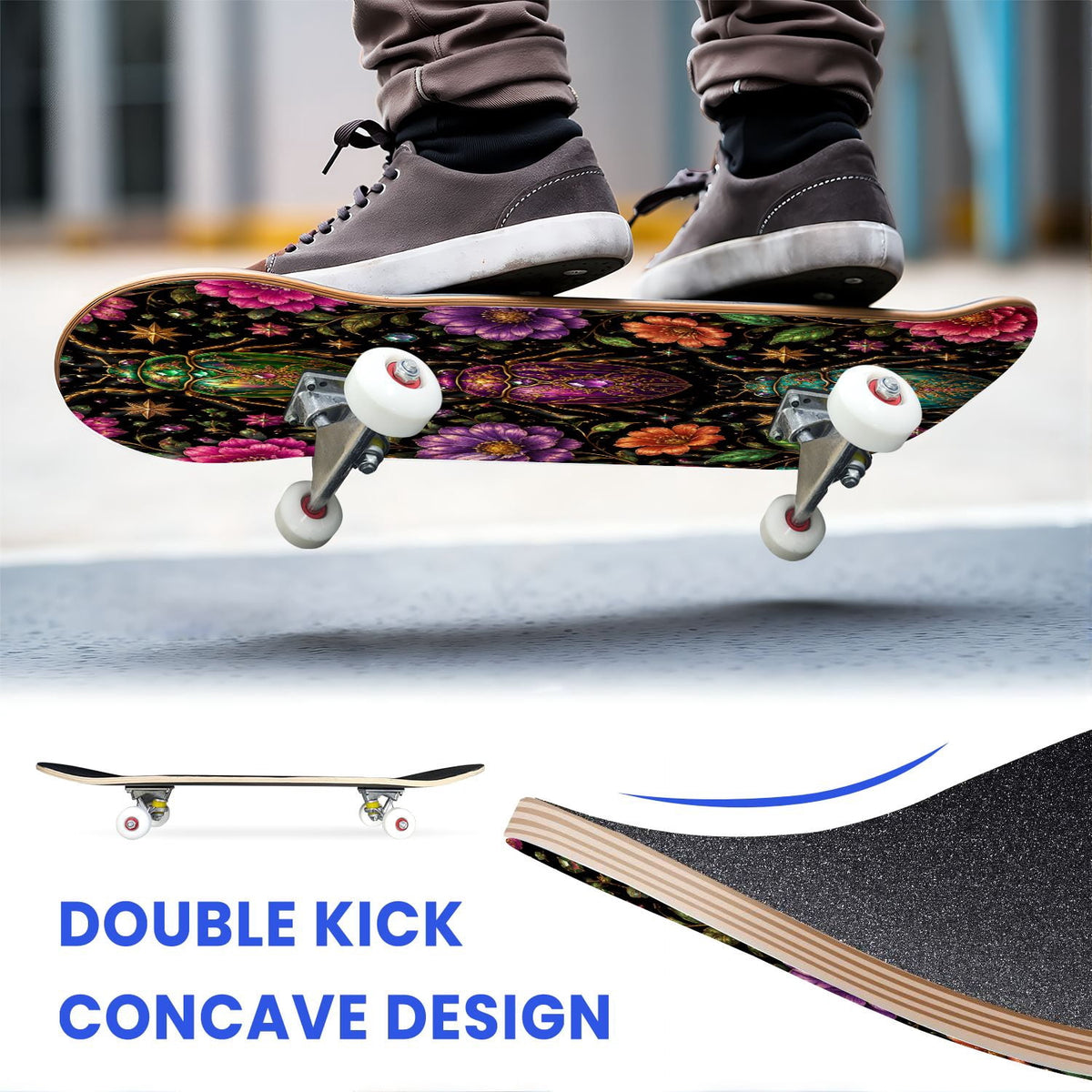 31"x8" Complete Skateboards for Beginners, Colorful Mushroom Floral Magical Night Forest Vintage Double Kick 7 Ply Canadian Maple Deck Skateboard with Wheels, Gifts for Kids Teens