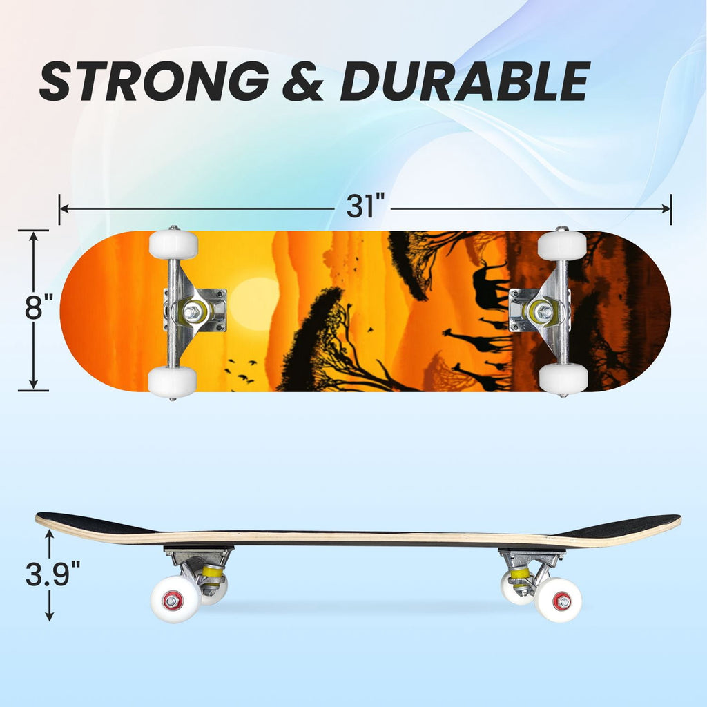 31"x8" Complete Skateboards for Beginners, Soft Blue Cream Striped Design Double Kick 7 Ply Canadian Maple Deck Skateboard with Wheels, Gifts for Kids Teens