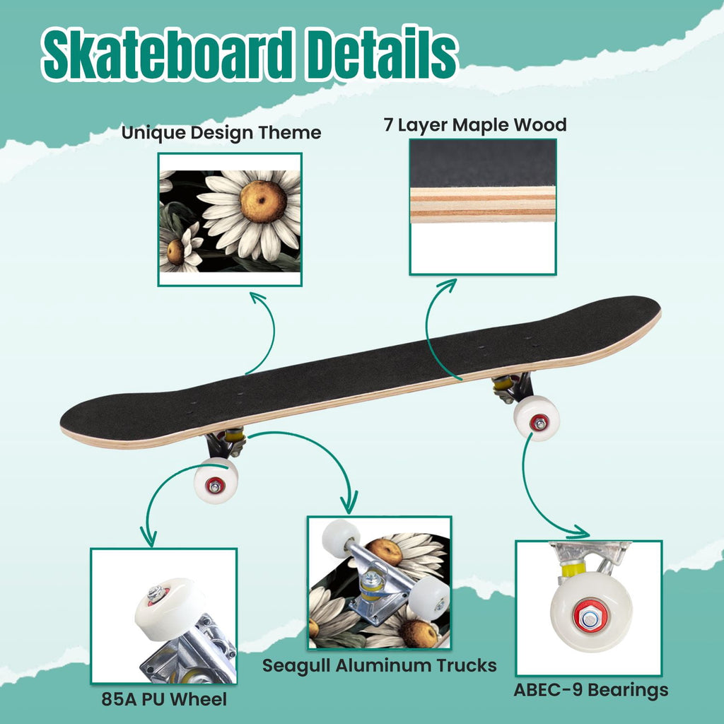 Starry Nebula Deep Blue Purple Tones Cosmic Clouds Stars 31" x 8" Complete Skateboard, 7-Ply Canadian Maple Double Kick Trick Board for Kids and Beginners Adult Gifts
