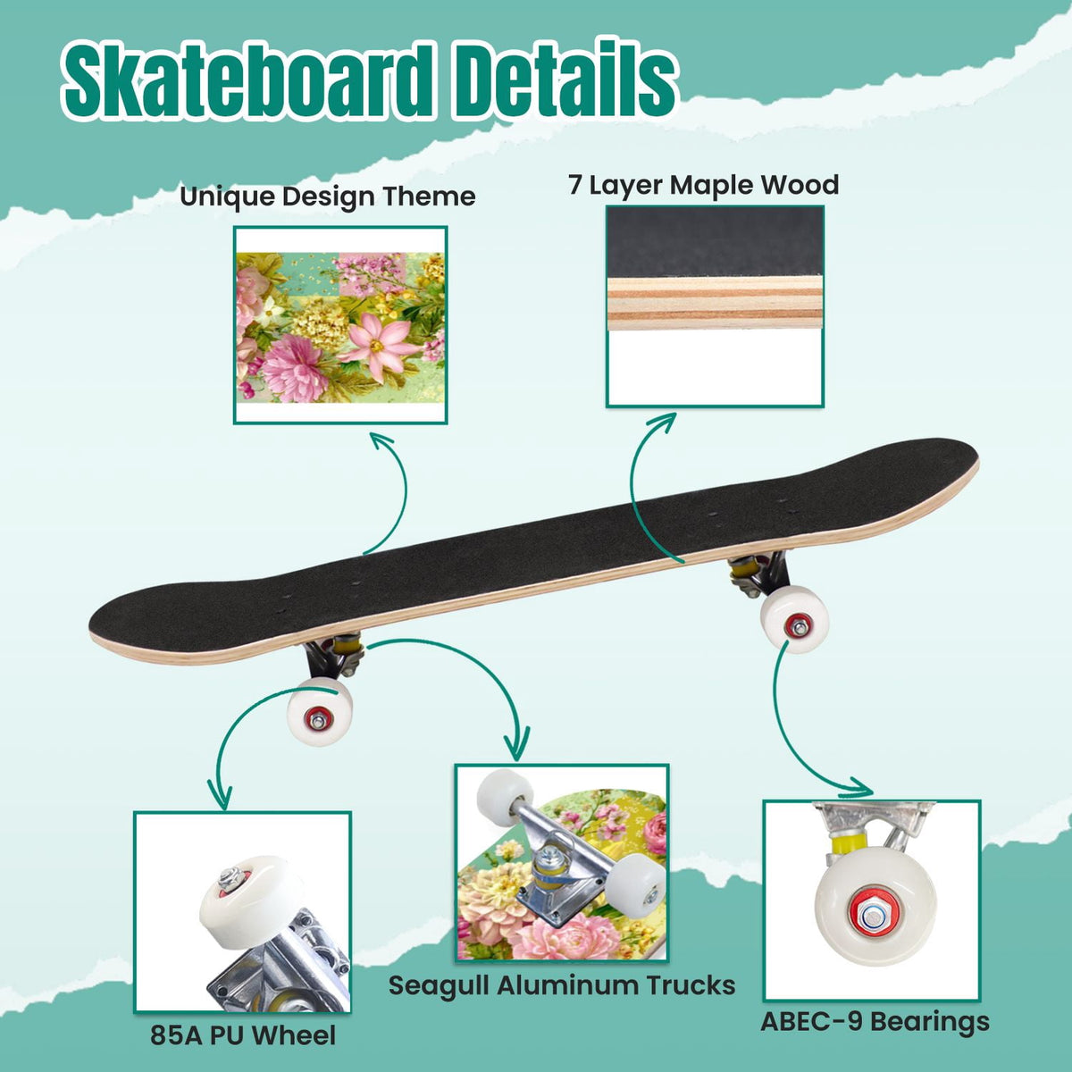 Autumn Forest Camouflage Oak Leaves Tree Branches 31" x 8" Complete Skateboard, 7-Ply Canadian Maple Double Kick Trick Board for Kids and Beginners Adult Gifts