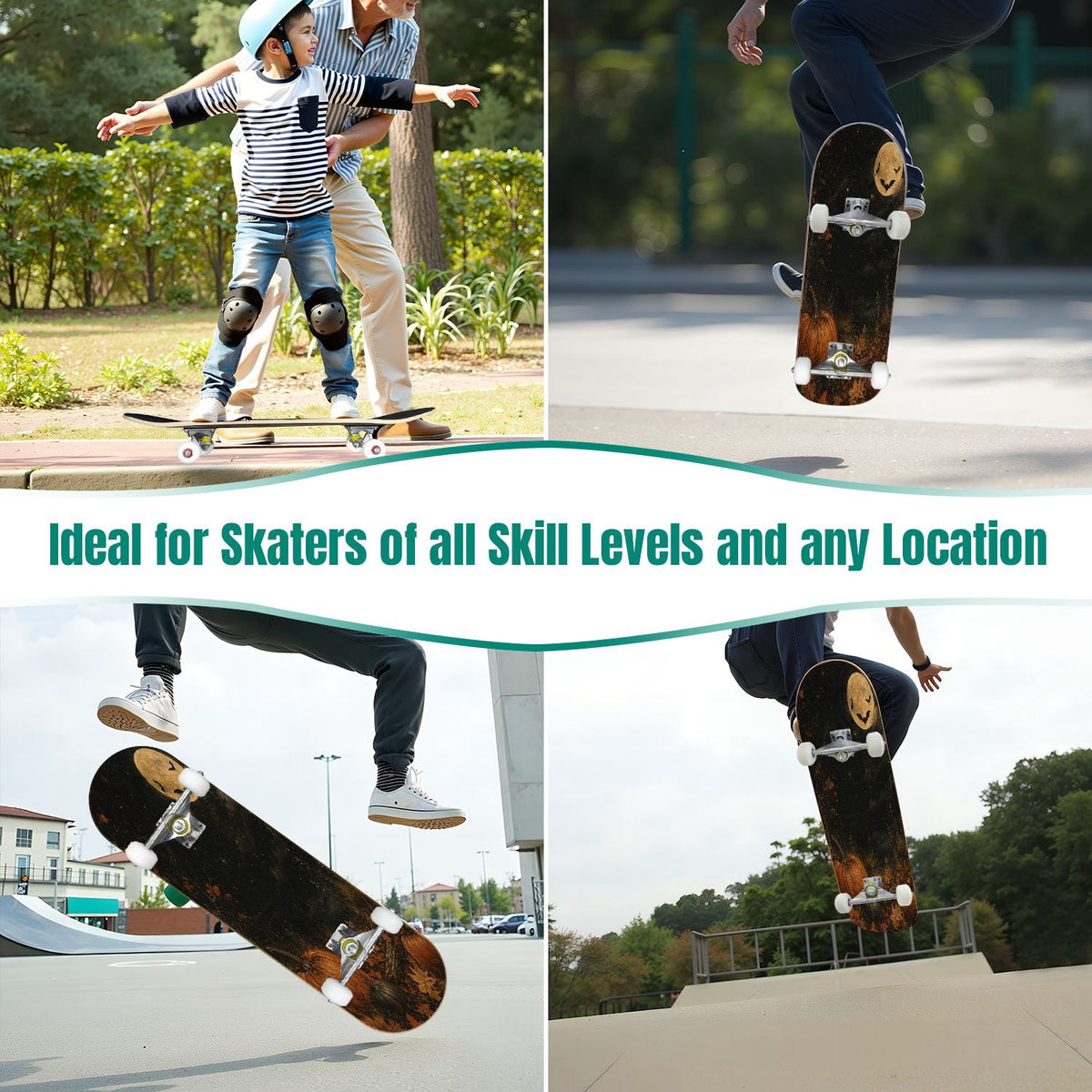 31"x8" Complete Skateboards for Beginners,Cute Ghosts Purple Bows Bats Lilac Halloween Double Kick 7 Ply Canadian Maple Deck Skateboard with Wheels, Gifts for Kids Teens