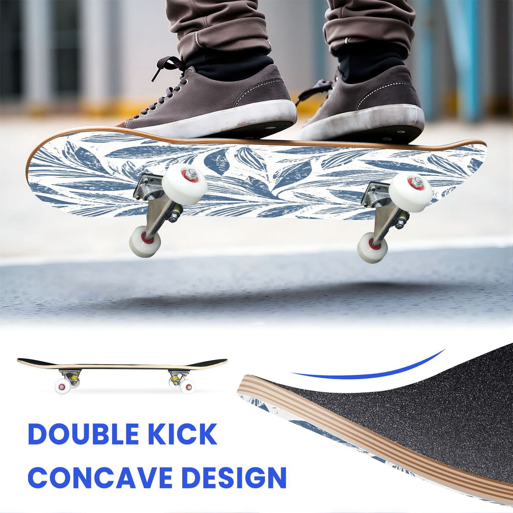 31"x8" Complete Skateboards for Beginners,Blue Flowers Crystals Seamless Watercolor Double Kick 7 Ply Canadian Maple Deck Skateboard with Wheels, Gifts for Kids Teens