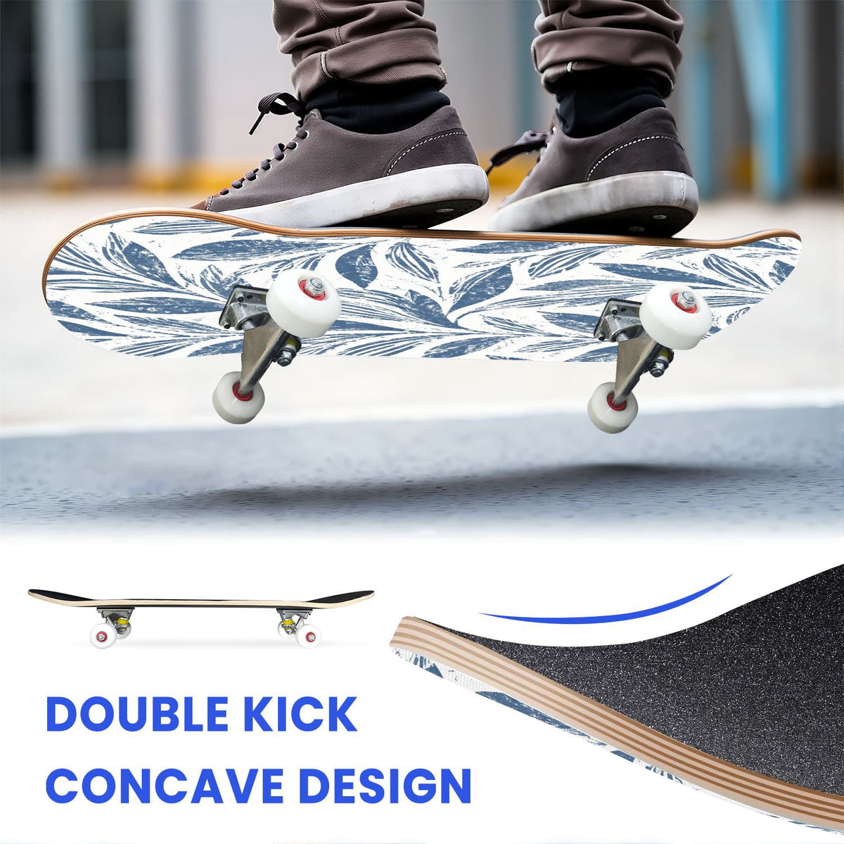 31"x8" Complete Skateboards for Beginners,Blue Flowers Crystals Seamless Watercolor Double Kick 7 Ply Canadian Maple Deck Skateboard with Wheels, Gifts for Kids Teens