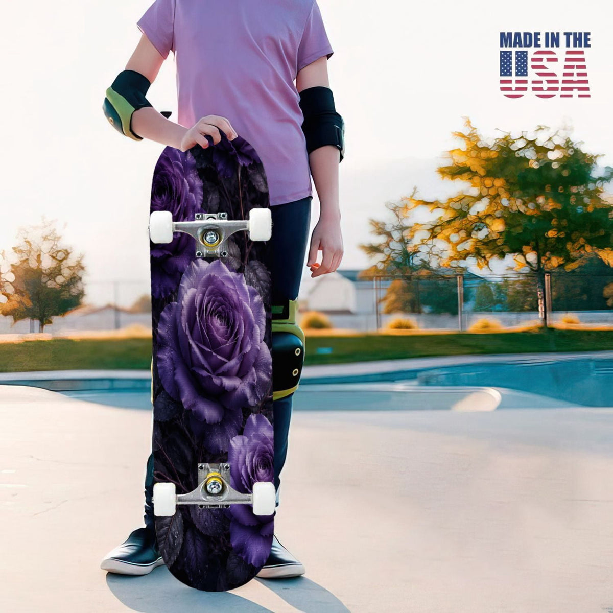 31"x8" Complete Skateboards for Beginners, Vibrant Purple Teal Floral Artwork Golden Accents Vintage Double Kick 7 Ply Canadian Maple Deck Skateboard with Wheels, Gifts for Kids Teens