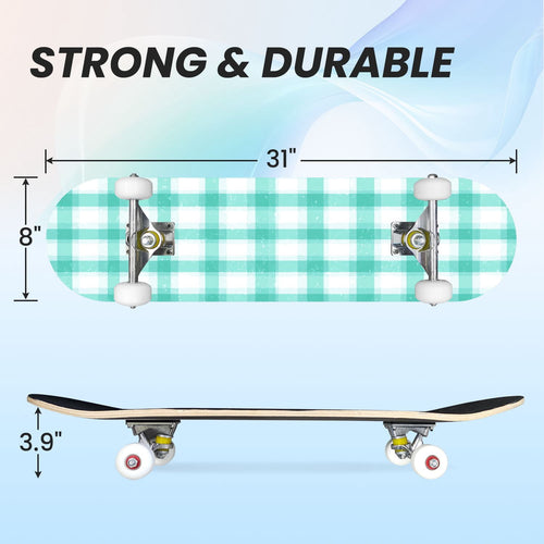 31"x8" Complete Skateboards for Beginners,Mint Green White Plaid Tartan Subtle Double Kick 7 Ply Canadian Maple Deck Skateboard with Wheels, Gifts for Kids Teens