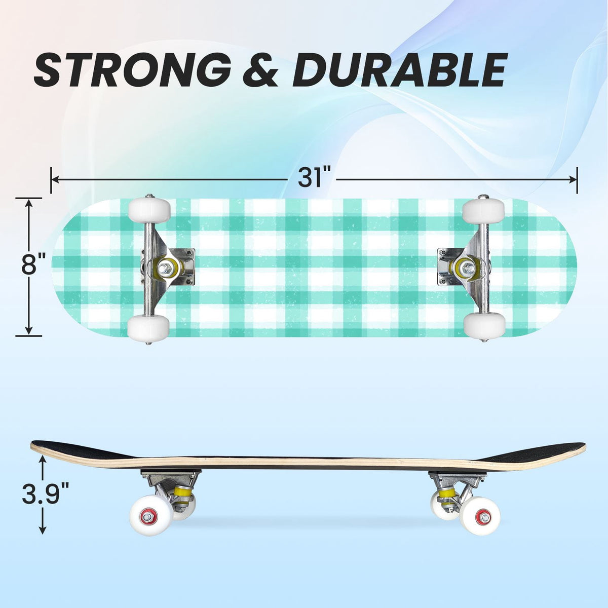 31"x8" Complete Skateboards for Beginners,Green White Plaid Checkered Watercolor Double Kick 7 Ply Canadian Maple Deck Skateboard with Wheels, Gifts for Kids Teens