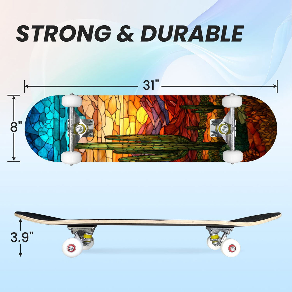 31"x8" Complete Skateboards for Beginners, Vibrant Stained Glass Window Butterflies Flowers Double Kick 7 Ply Canadian Maple Deck Skateboard with Wheels, Gifts for Kids Teens