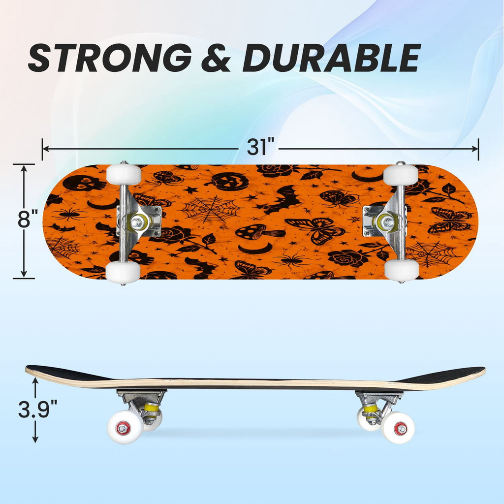 31"x8" Complete Skateboards for Beginners,Halloween Black Cats Pumpkins Ghosts Bats Beige Double Kick 7 Ply Canadian Maple Deck Skateboard with Wheels, Gifts for Kids Teens