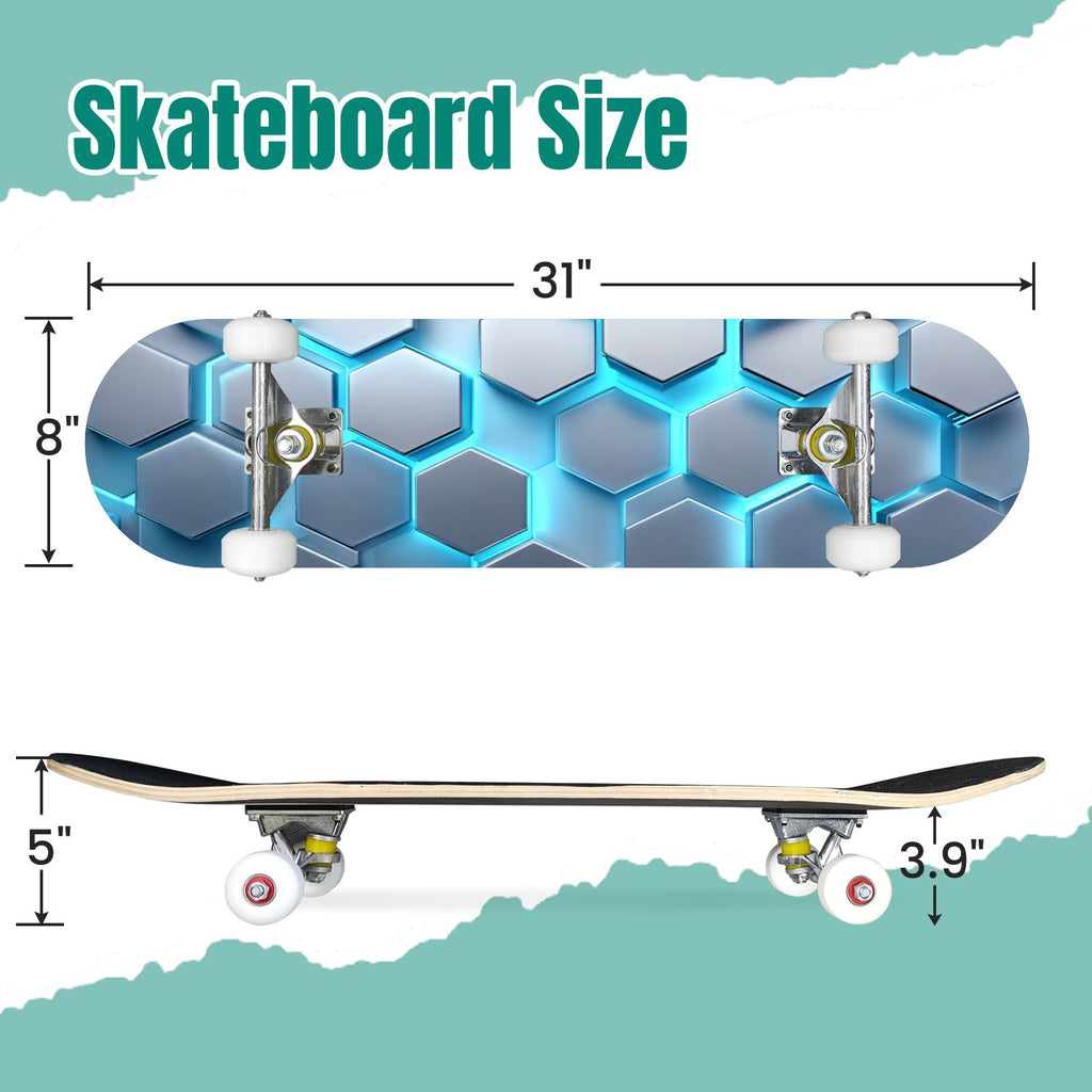 Futuristic Hexagonal Metallic Blue Glowing Orange Highlights 31" x 8" Complete Skateboard, 7-Ply Canadian Maple Double Kick Trick Board for Kids and Beginners Adult Gifts