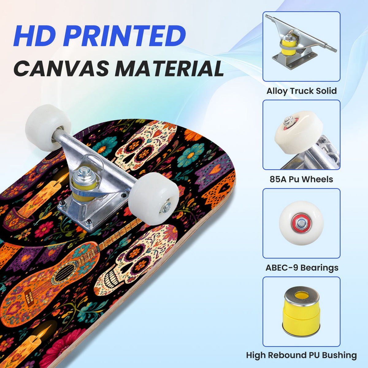 31"x8" Complete Skateboards for Beginners, Colorful Sugar Skulls Floral Patterns Mexican Double Kick 7 Ply Canadian Maple Deck Skateboard with Wheels, Gifts for Kids Teens