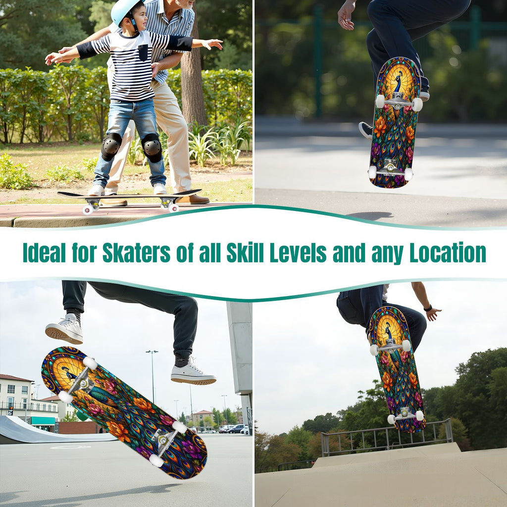 Abstract Geometric Curved Shapes Earthy Tones 31" x 8" Complete Skateboard, 7-Ply Canadian Maple Double Kick Trick Board for Kids and Beginners Adult Gifts