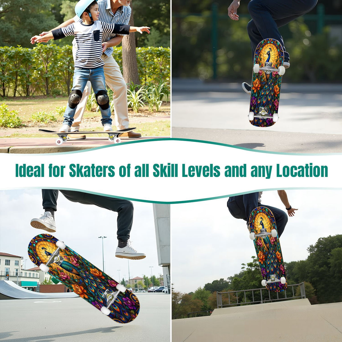 Abstract Geometric Curved Shapes Earthy Tones 31" x 8" Complete Skateboard, 7-Ply Canadian Maple Double Kick Trick Board for Kids and Beginners Adult Gifts