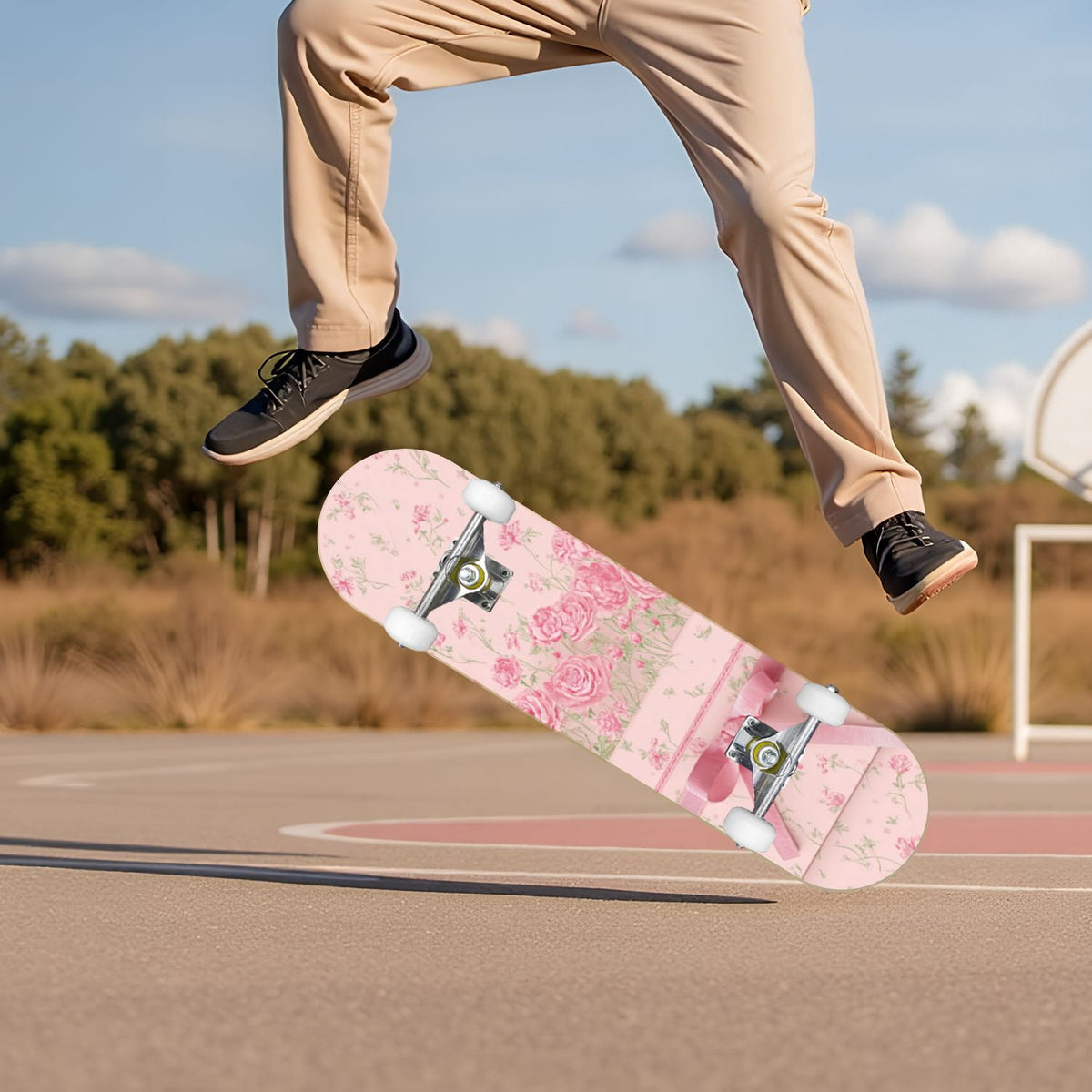 Watercolor Floral Shades Blue Grey Leaves 31" x 8" Complete Skateboard, 7-Ply Canadian Maple Double Kick Trick Board for Kids and Beginners Adult Gifts