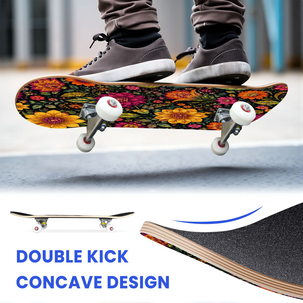 31"x8" Complete Skateboards for Beginners, Colorful Sugar Skulls Floral Patterns Mexican Double Kick 7 Ply Canadian Maple Deck Skateboard with Wheels, Gifts for Kids Teens