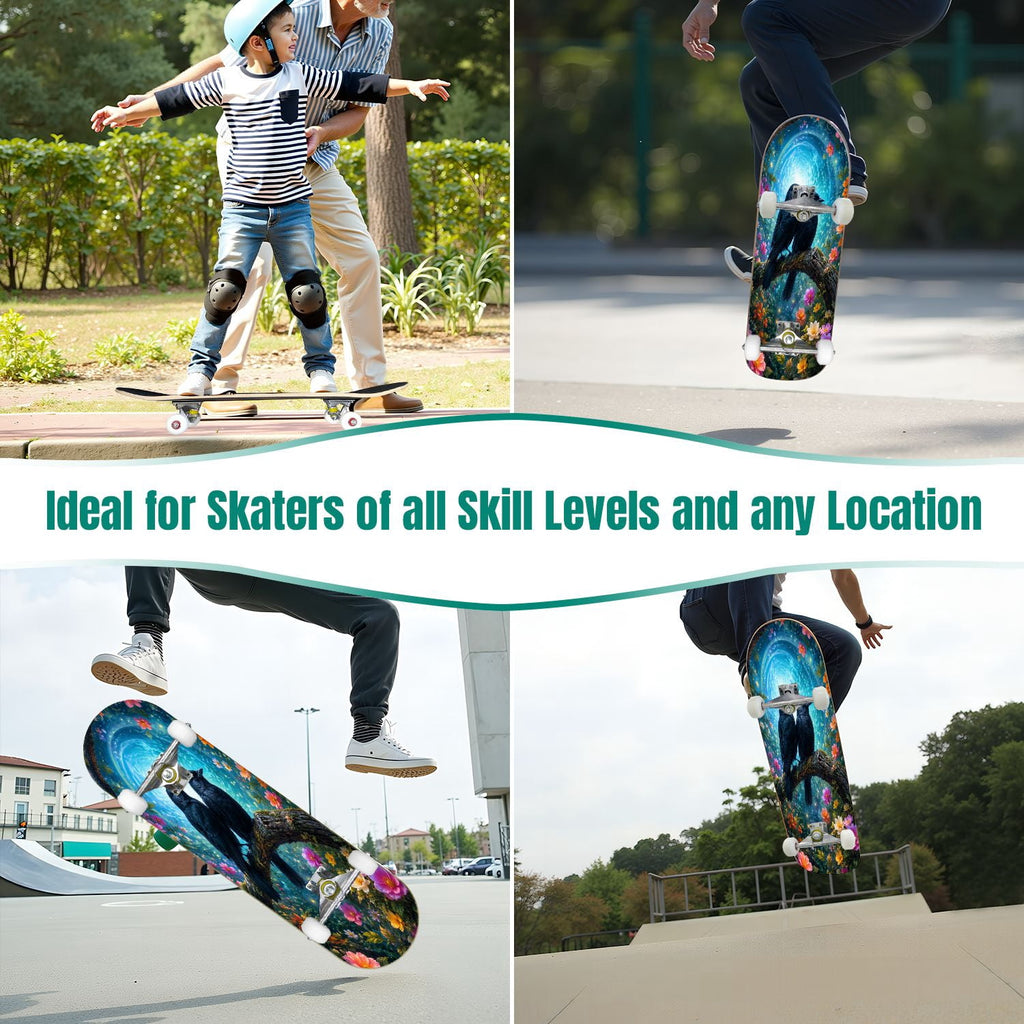 31"x8" Complete Skateboards for Beginners,Halloween Themed Pumpkins Witch Hats Spooky Double Kick 7 Ply Canadian Maple Deck Skateboard with Wheels, Gifts for Kids Teens
