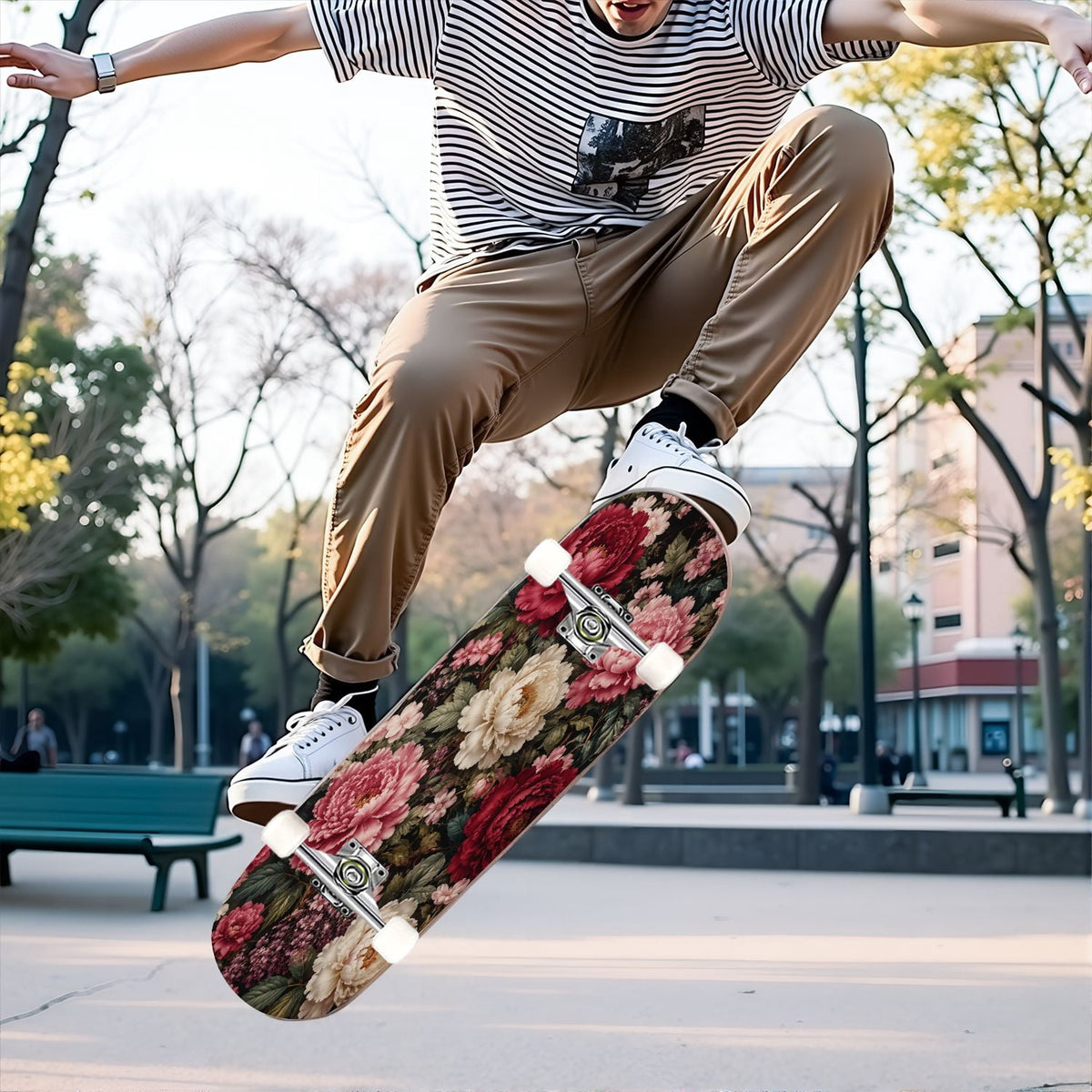 31"x8" Complete Skateboards for Beginners, Vibrant Purple Teal Floral Artwork Golden Accents Vintage Double Kick 7 Ply Canadian Maple Deck Skateboard with Wheels, Gifts for Kids Teens
