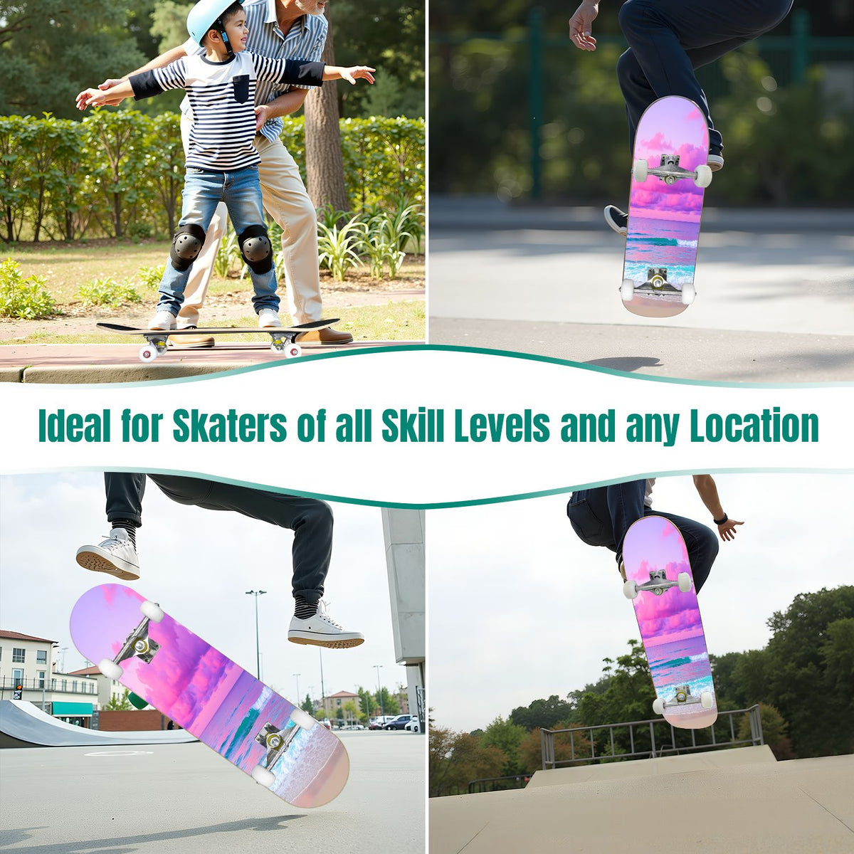 31"x8" Complete Skateboards for Beginners, Abstract Black Hexagon Honeycomb Glowing Blue Neon Geometric Double Kick 7 Ply Canadian Maple Deck Skateboard with Wheels, Gifts for Kids Teens