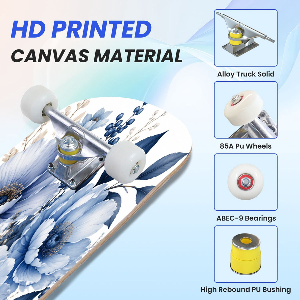 31"x8" Complete Skateboards for Beginners,Seamless Blue Watercolor Crabs Floral Accents Light Double Kick 7 Ply Canadian Maple Deck Skateboard with Wheels, Gifts for Kids Teens