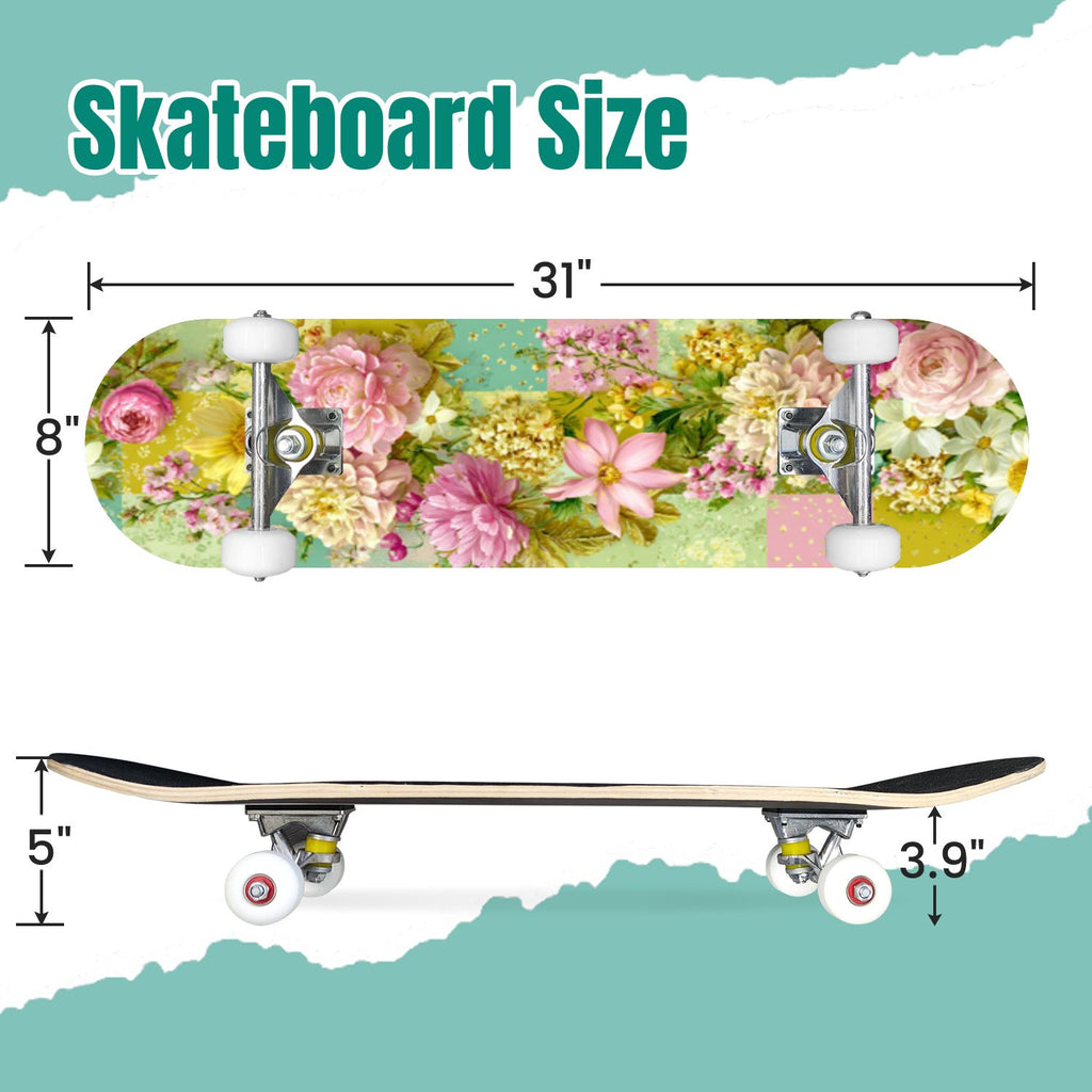 Autumn Forest Camouflage Oak Leaves Tree Branches 31" x 8" Complete Skateboard, 7-Ply Canadian Maple Double Kick Trick Board for Kids and Beginners Adult Gifts