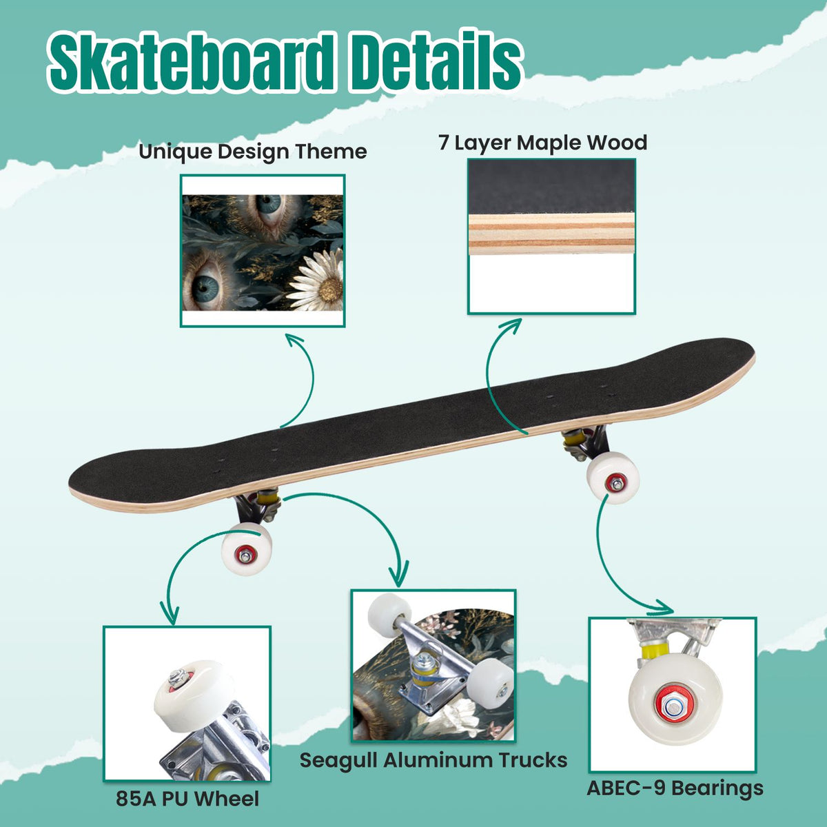 Buffalo Tan Grass Illustrations 31" x 8" Complete Skateboard, 7-Ply Canadian Maple Double Kick Trick Board for Kids and Beginners Adult Gifts