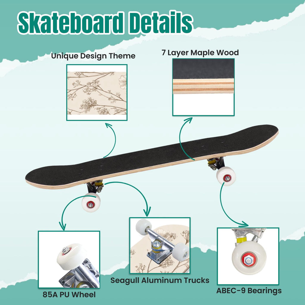 Watercolor Botanical Blue Green Leaves Flowers 31" x 8" Complete Skateboard, 7-Ply Canadian Maple Double Kick Trick Board for Kids and Beginners Adult Gifts