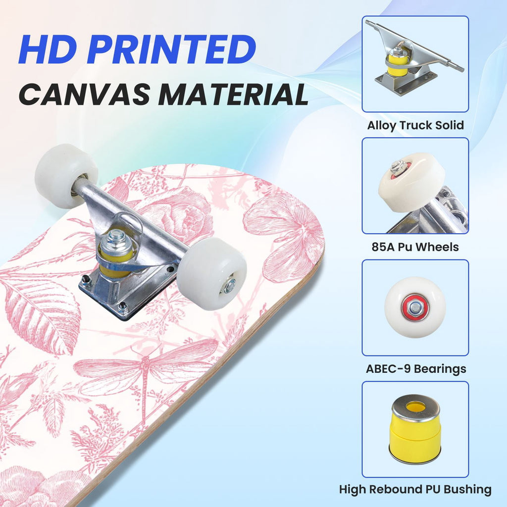 31"x8" Complete Skateboards for Beginners, Elegant Peony Floral Soft Pink White Tones Neutral Double Kick 7 Ply Canadian Maple Deck Skateboard with Wheels, Gifts for Kids Teens