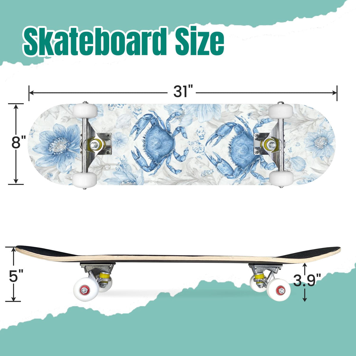 Tropical Jungle Leaf Teal Green Botanical 31" x 8" Complete Skateboard, 7-Ply Canadian Maple Double Kick Trick Board for Kids and Beginners Adult Gifts