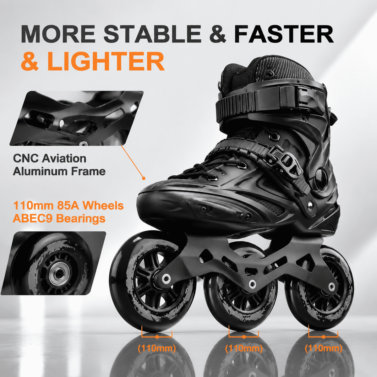 Black Men5.5-6/Women6.5-7/25cm 3-Wheel Inline Skates for Adult Fitness Speed Racing