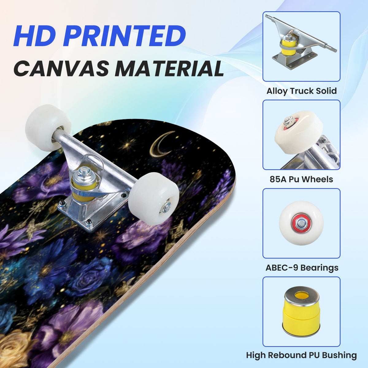 31"x8" Complete Skateboards for Beginners, Ethereal Night Garden Roses Starry Sky Dark Academia Double Kick 7 Ply Canadian Maple Deck Skateboard with Wheels, Gifts for Kids Teens