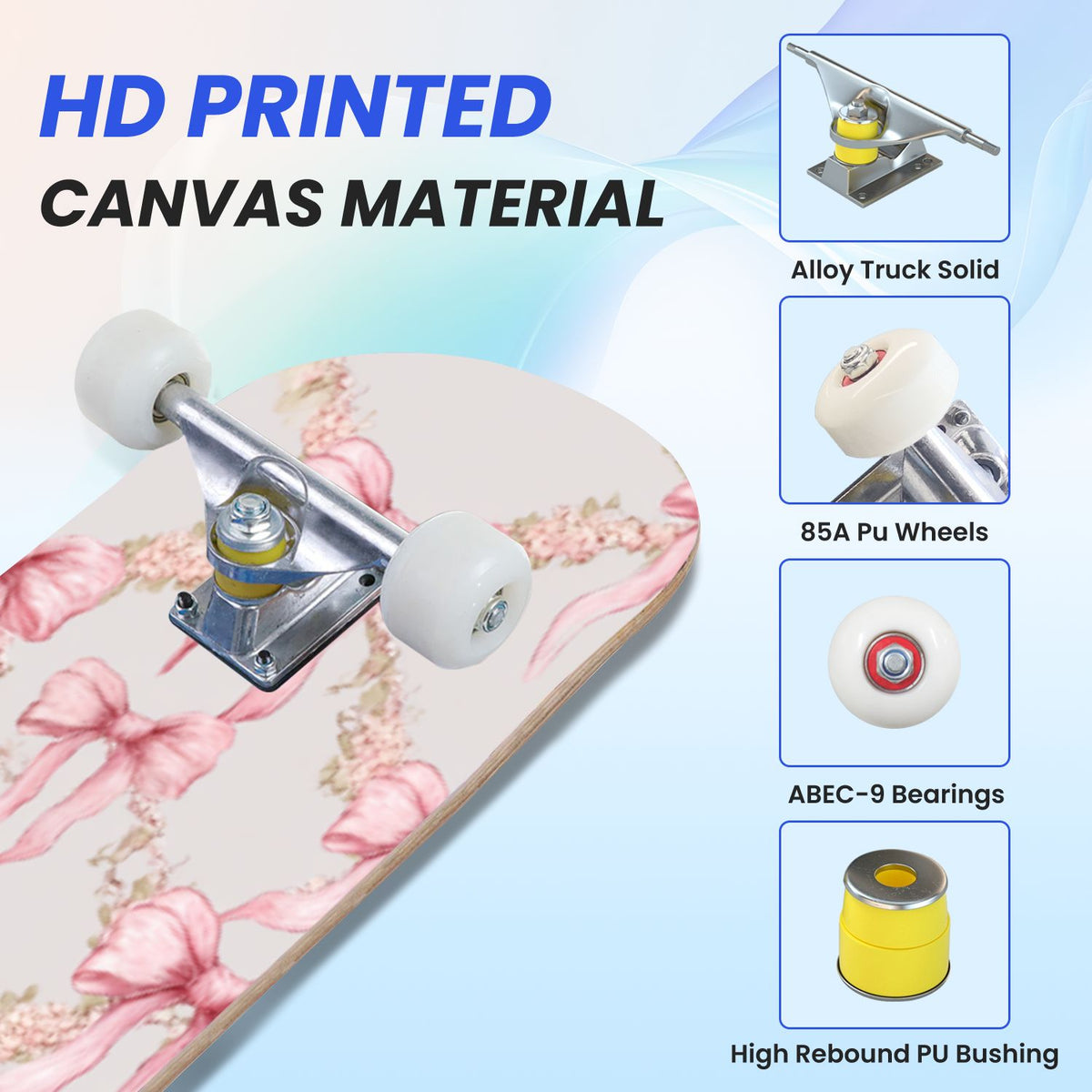 31"x8" Complete Skateboards for Beginners, Soft Blue Cream Striped Design Double Kick 7 Ply Canadian Maple Deck Skateboard with Wheels, Gifts for Kids Teens